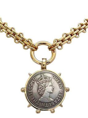 Queen Elizabeth Coin Pendant Necklace Gold Tone Chain Vintage Style